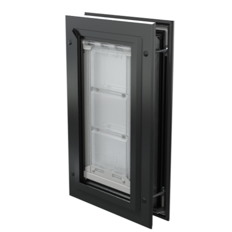 Closed black Endura Flap small pet door, angled.