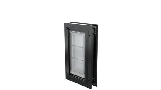 Closed black Endura Flap small pet door, angled.