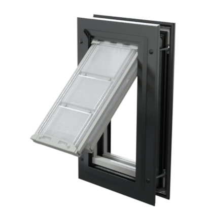 Open black Endura Flap small dog door, angled view.