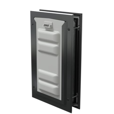 Locked black Endura Flap small pet door, angled secure.