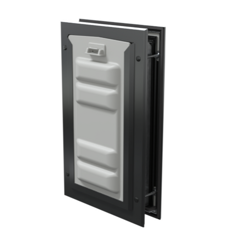 Locked black Endura Flap small pet door, angled secure.