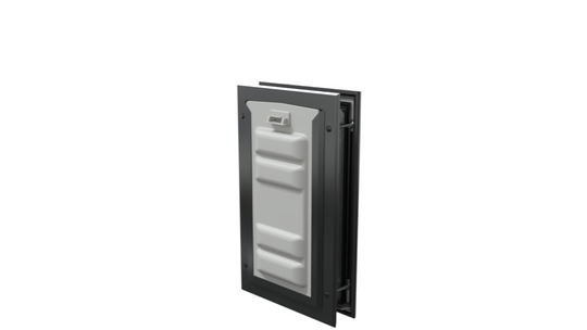 Locked black Endura Flap small pet door, angled secure.