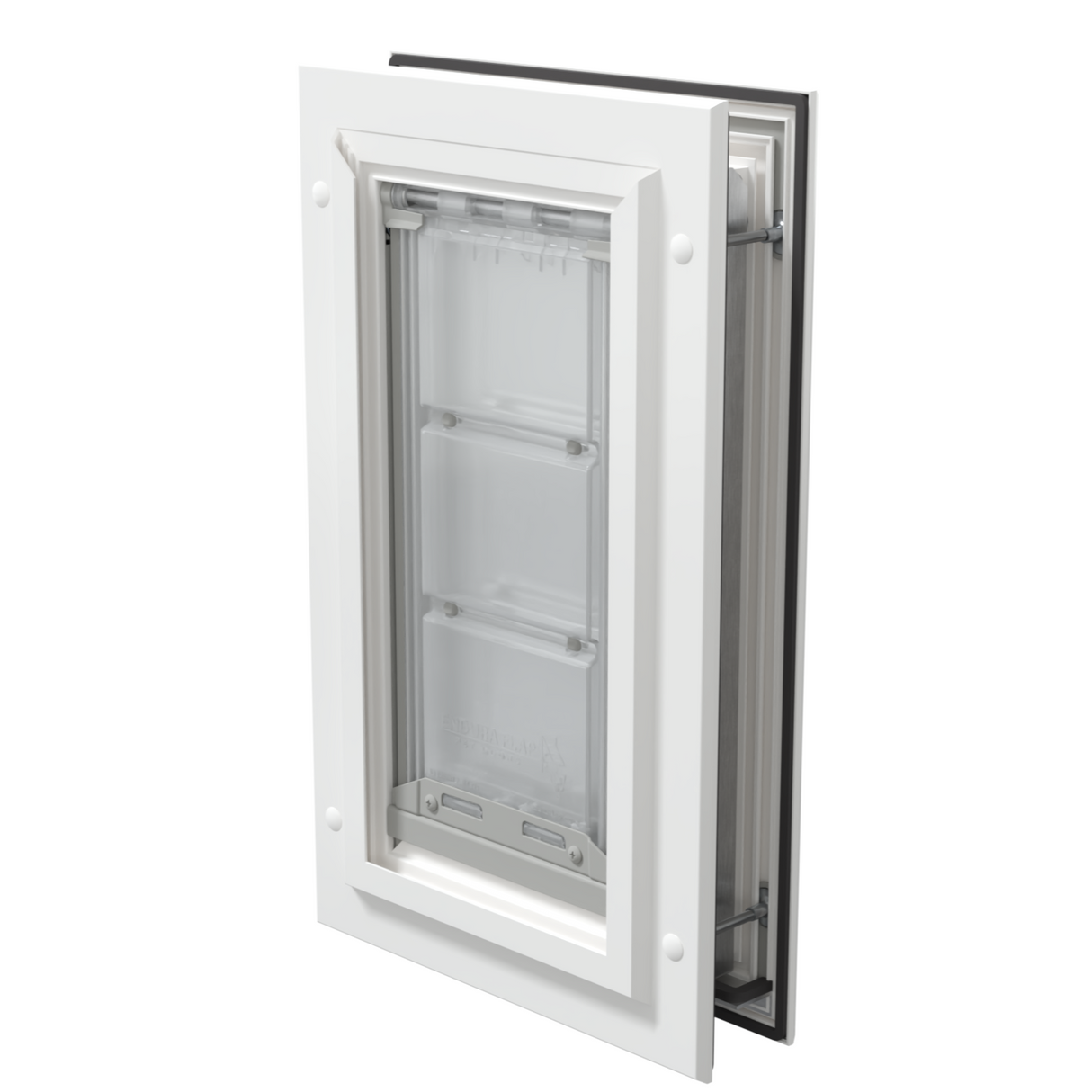 Closed white Endura Flap small pet door, angled.