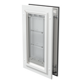 Closed white Endura Flap small pet door, angled.
