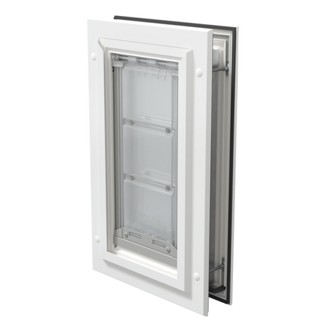 Closed white Endura Flap small pet door, angled.
