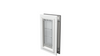 Closed white Endura Flap small pet door, angled.