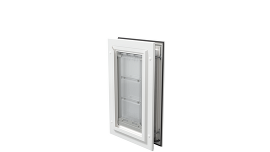 Closed white Endura Flap small pet door, angled.