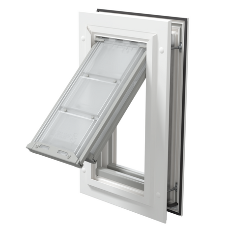 Open white Endura Flap small dog door, angled view.