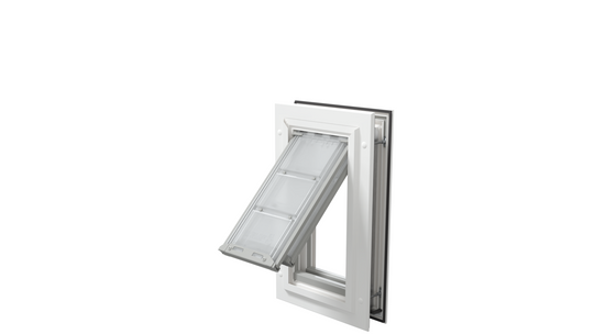 Open white Endura Flap small dog door, angled view.
