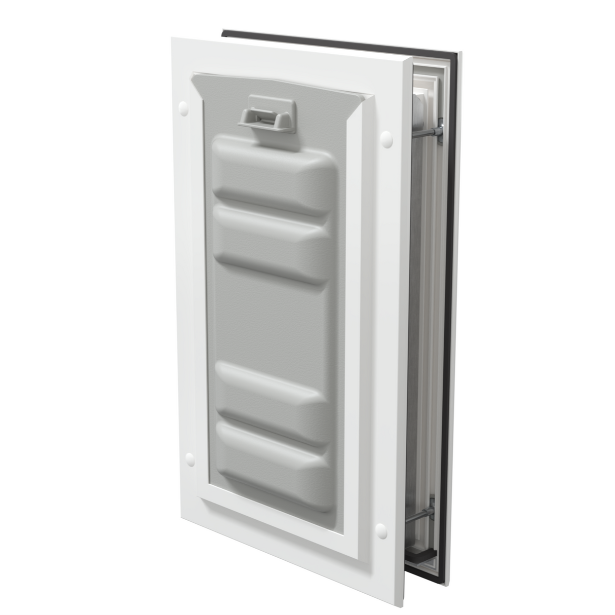 Locked white Endura Flap small pet door, angled secure.