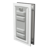 Locked white Endura Flap small pet door, angled secure.