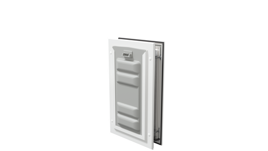 Locked white Endura Flap small pet door, angled secure.