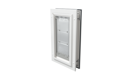 Closed white Endura Flap small single flap, angled.