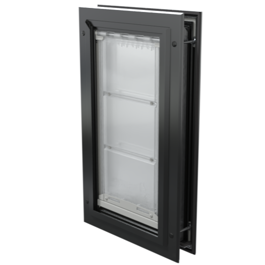 Closed black Endura Flap medium dog door, angled view.