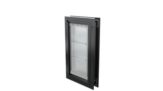 Closed black Endura Flap medium dog door, angled view.