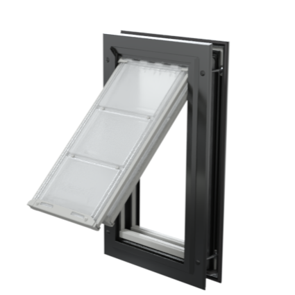 Open black Endura Flap medium cat door, angled access.