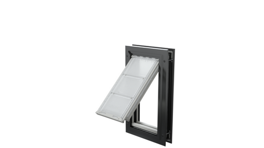 Open black Endura Flap medium cat door, angled access.