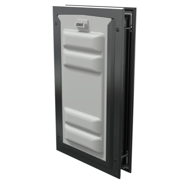 Locked black Endura Flap medium pet door, angled.