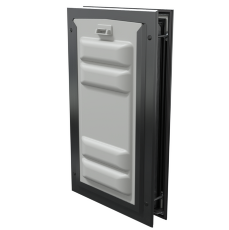 Locked black Endura Flap medium pet door, angled.