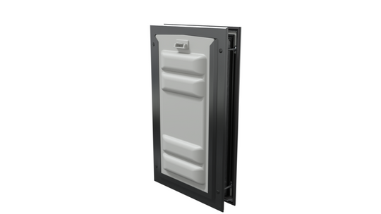 Locked black Endura Flap medium pet door, angled.