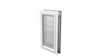 Closed white Endura Flap medium door, angled view.