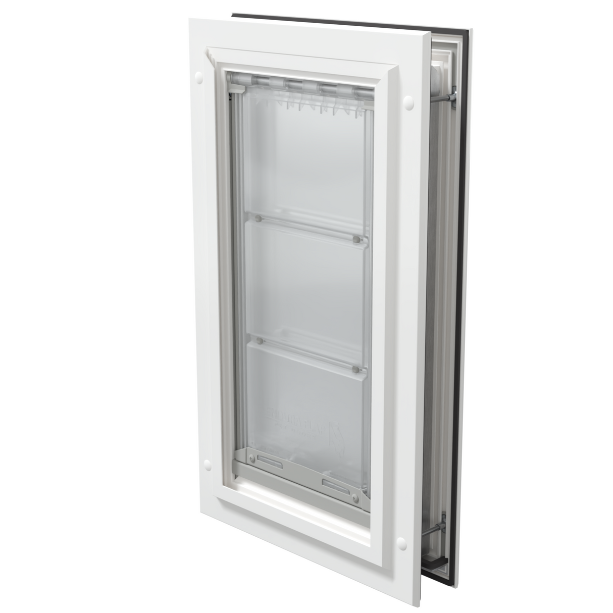 Closed white Endura Flap medium pet door, angled.