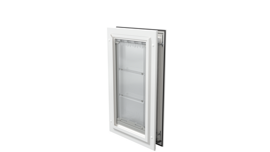 Closed white Endura Flap medium pet door, angled.