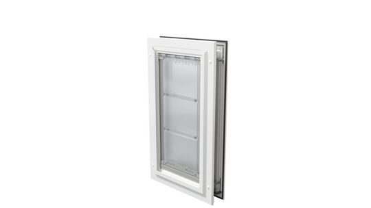 Closed white Endura Flap medium door, angled view.
