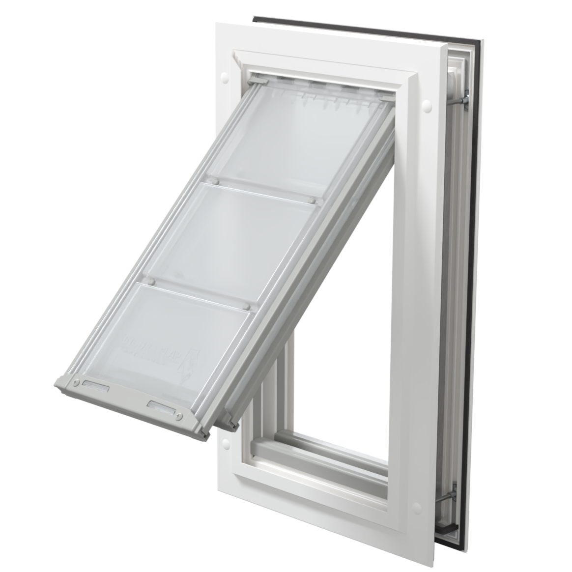 Open white Endura Flap medium dog door, angled view.