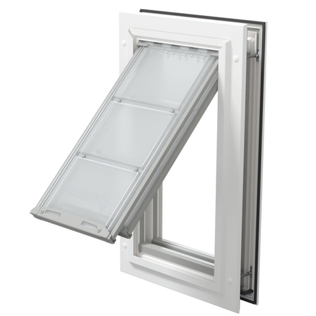 Open white Endura Flap medium dog door, angled view.