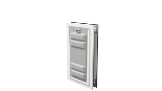 Locked white Endura Flap medium door, angled.