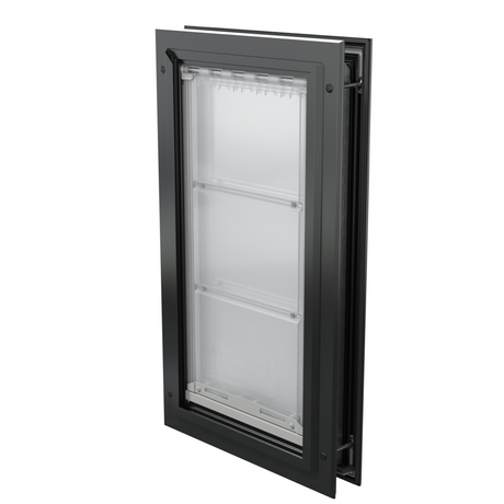 Closed black Endura Flap large pet door, angled.