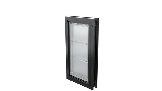 Closed black Endura Flap large pet door, angled.