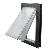 Open black Endura Flap large dog door, angled view.