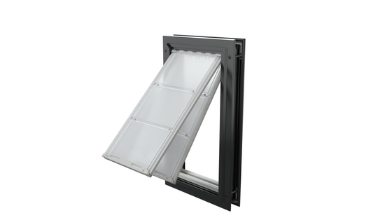 Open black Endura Flap large dog door, angled view.