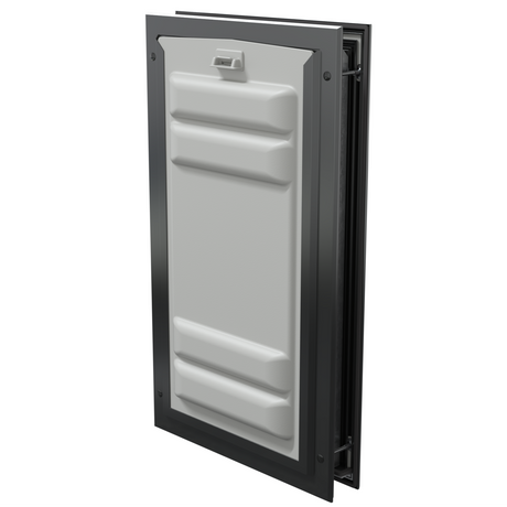 Locked black Endura Flap large pet door, angled secure.