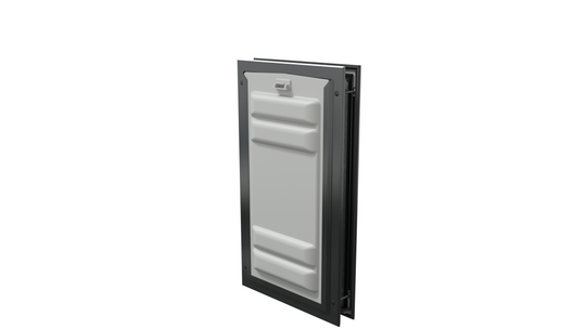 Locked black Endura Flap large pet door, angled secure.