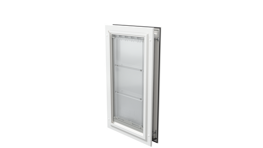 Closed white Endura Flap large pet door, angled.