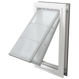 Open white Endura Flap large dog door, angled view.