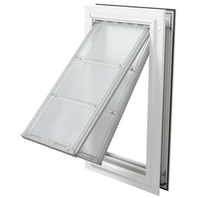 Open white Endura Flap large dog door, angled view.