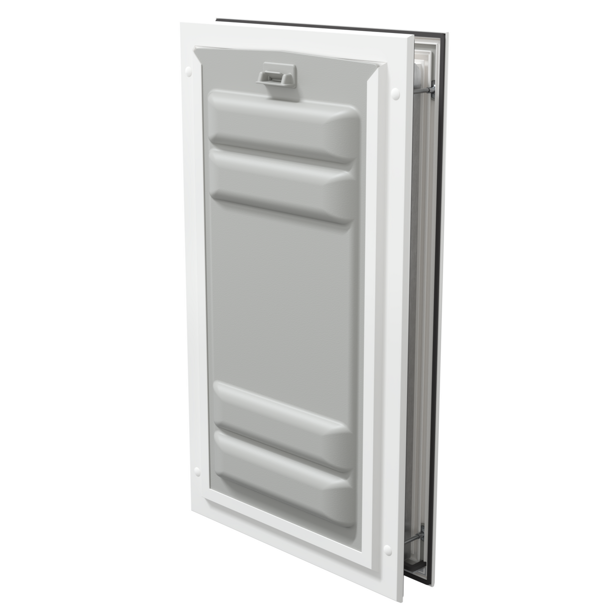 Locked white Endura Flap large pet door, angled secure.