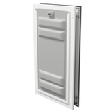 Locked white Endura Flap large pet door, angled secure.