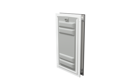 Locked white Endura Flap large pet door, angled secure.
