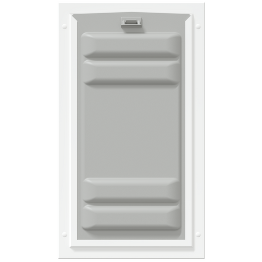 Locked front of the white Endura Flap large doggie door.