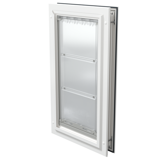 Closed white Endura Flap large pet door, angled.