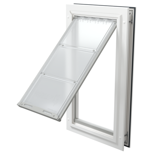 Open white Endura Flap large dog door, angled view.