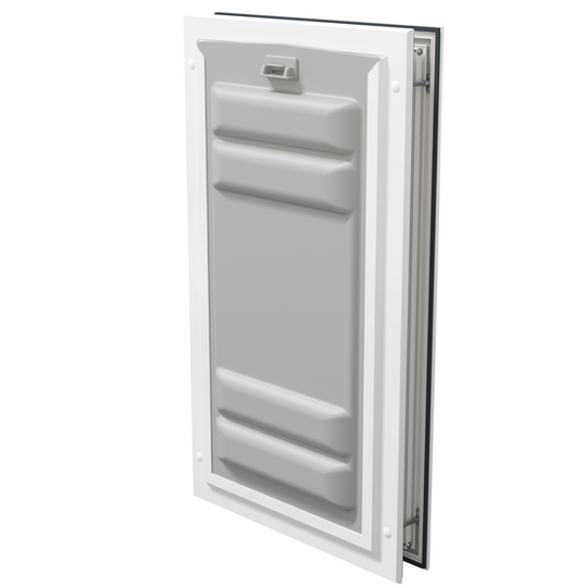 Locked white Endura Flap large pet door, angled secure.