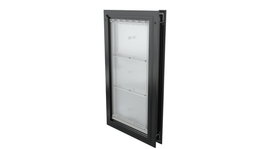 Closed black Endura Flap extra large dog door, angled.