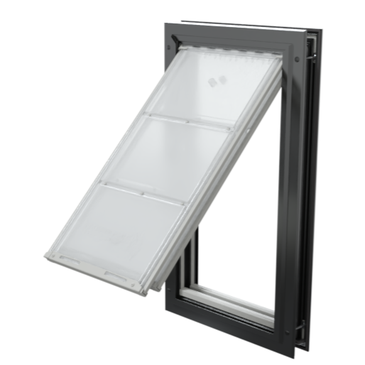 Open black Endura Flap extra large pet door, angled.