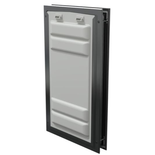 Locked black Endura Flap XL pet door, angled secure view.